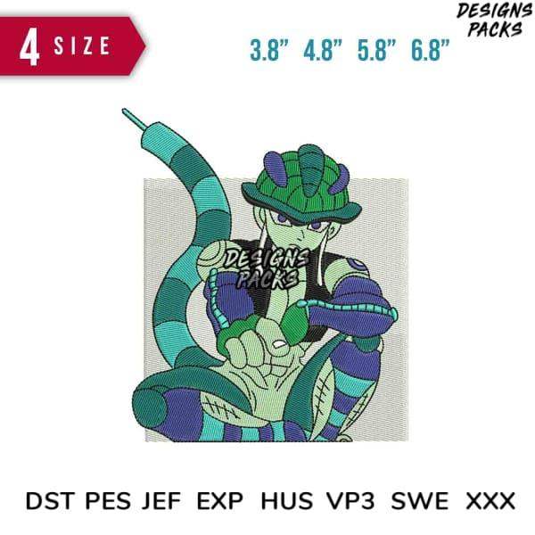 Embroidery design of green and purple dragon character in 4 sizes, compatible with DST PES JEF formats