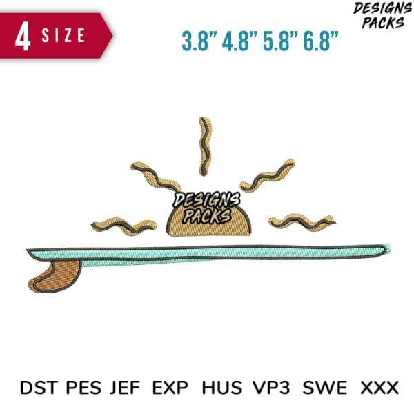 Embroidery design of surfboard with sun, available in multiple sizes and formats