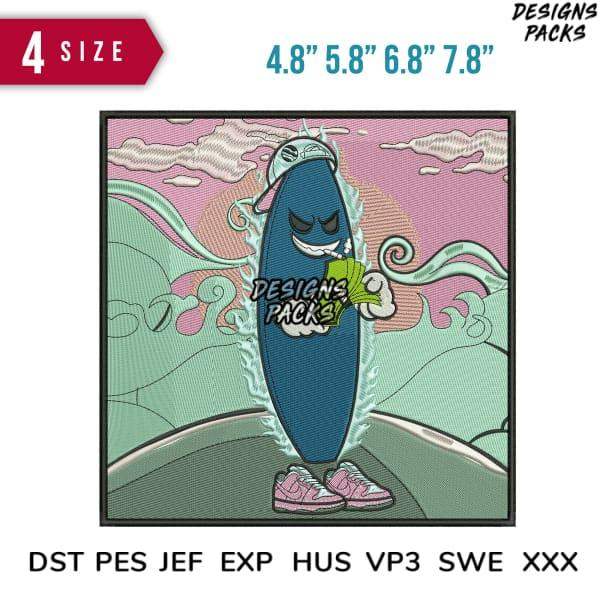 Embroidery design of cartoon surfboard character with pink sneakers, available in PES, DST, JEF formats