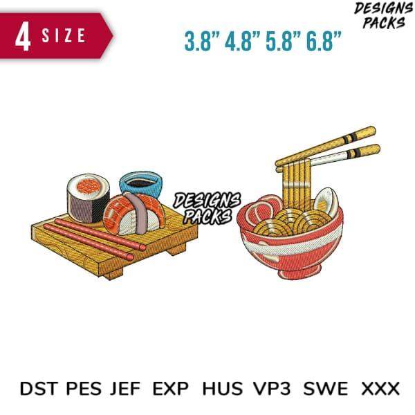 Sushi and ramen embroidery designs in 4 sizes, compatible with DST PES JEF formats for instant download