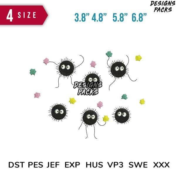 Cute black soot sprite embroidery designs in 4 sizes, print-ready formats for DTG, DTF, tumbler wraps