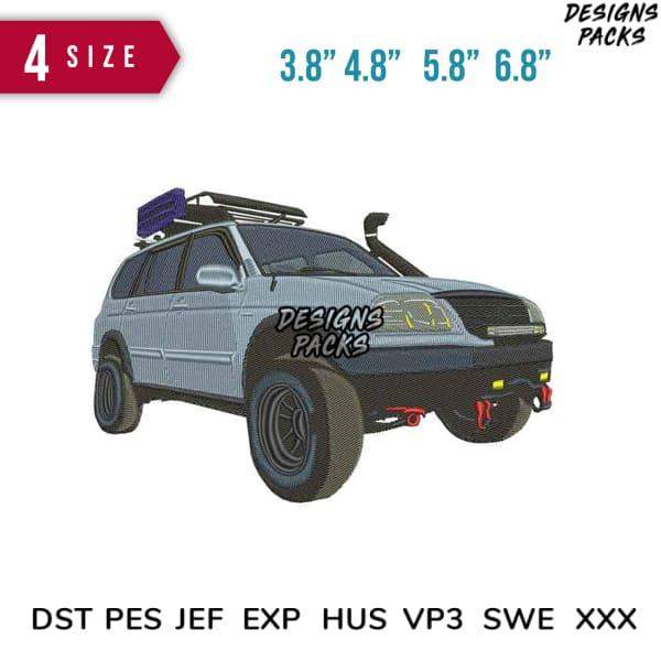 Embroidery design of rugged SUV with roof rack, available in multiple sizes and formats