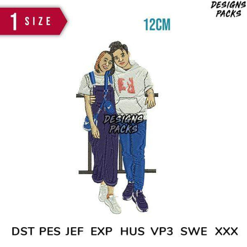 Embroidery design of couple in overalls and hoodie, 12cm size, DST PES formats