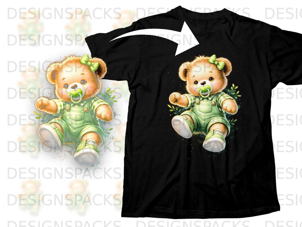 Cute teddy bear with green overalls and pacifier on a black t-shirt.