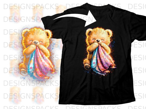Black t-shirt with a watercolor illustration of a teddy bear holding a colorful blanket.