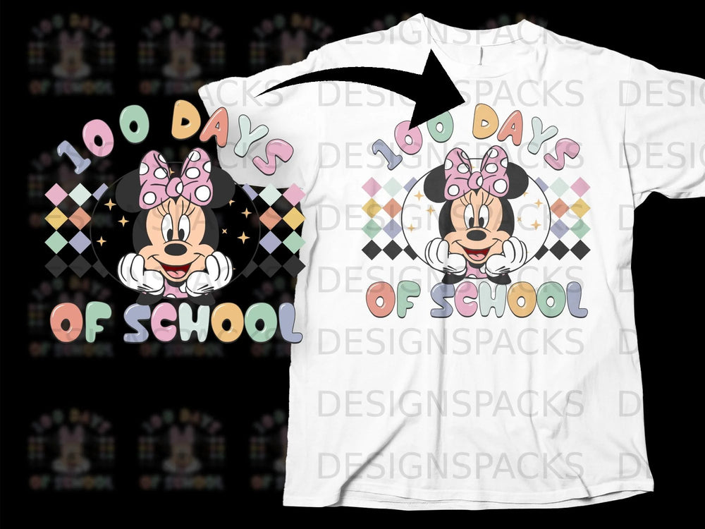 Minnie Mouse celebrates 100 days of school with colorful text and playful graphics.