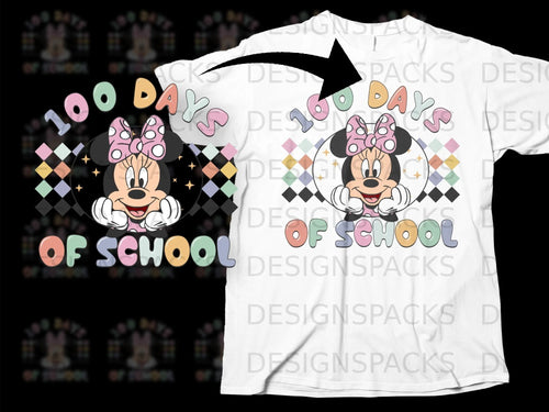 Minnie Mouse celebrates 100 days of school with colorful text and playful graphics.
