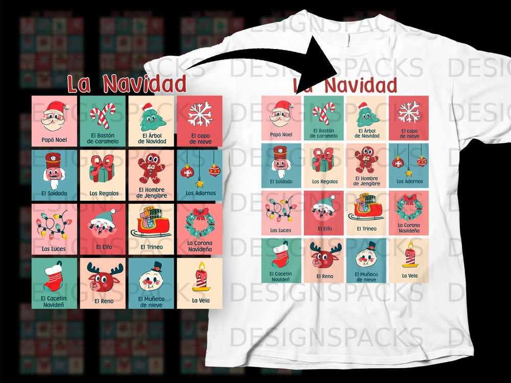 White t-shirt with "La Navidad" and grid of Spanish Christmas icons.