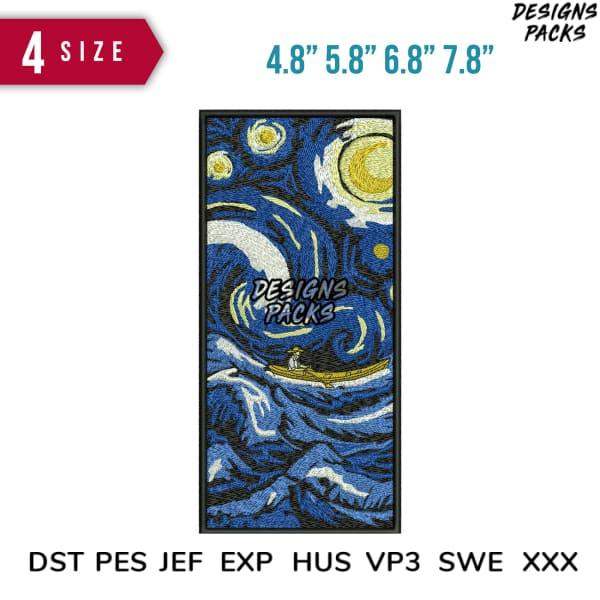 Starry Night embroidery design in 4 sizes, compatible with DST PES JEF formats for machine embroidery