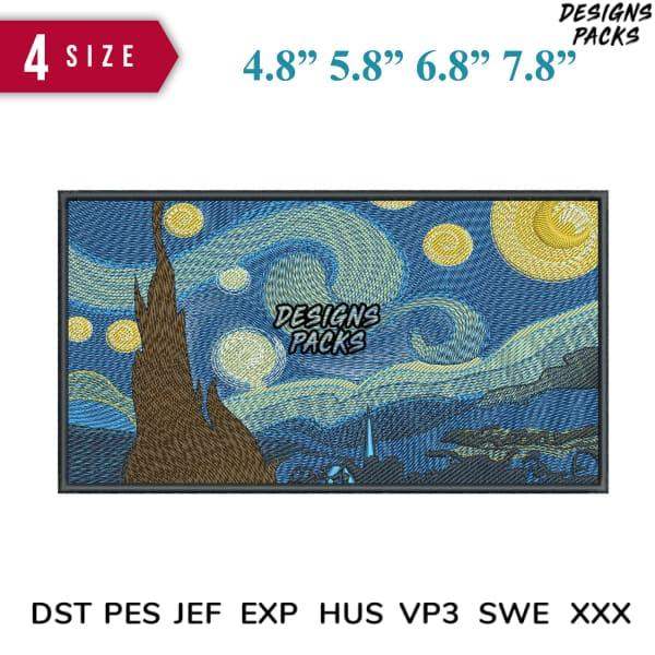Embroidery design inspired by Starry Night, available in 4 sizes & multiple formats for instant download.