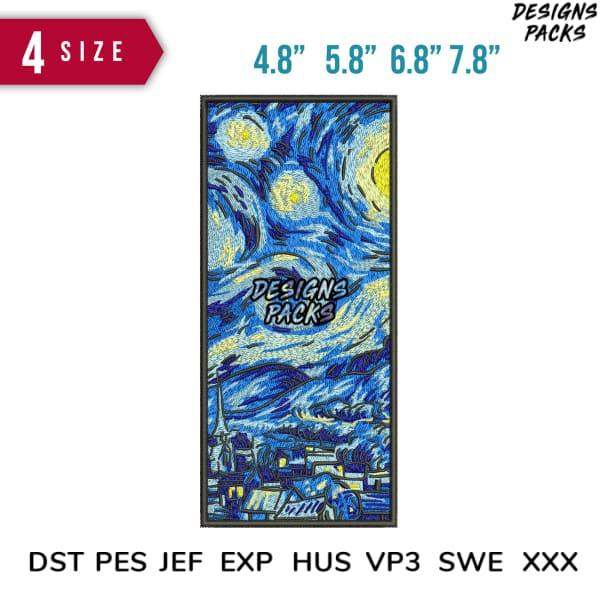 Van Gogh Starry Night embroidery design in 4 sizes, DST PES JEF formats for machine embroidery