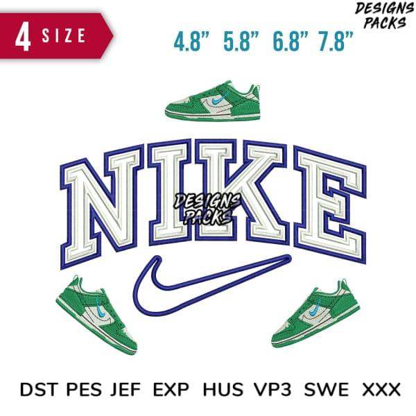 Nike logo embroidery design with green sneakers, available in multiple sizes and formats