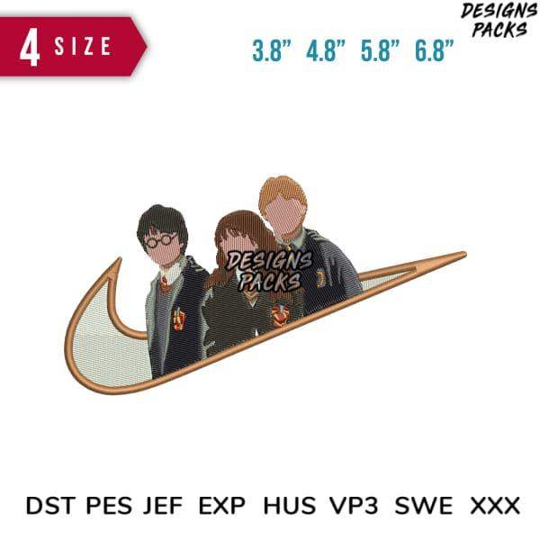 Harry Potter characters in Nike swoosh embroidery design, 4 sizes, DST PES JEF formats