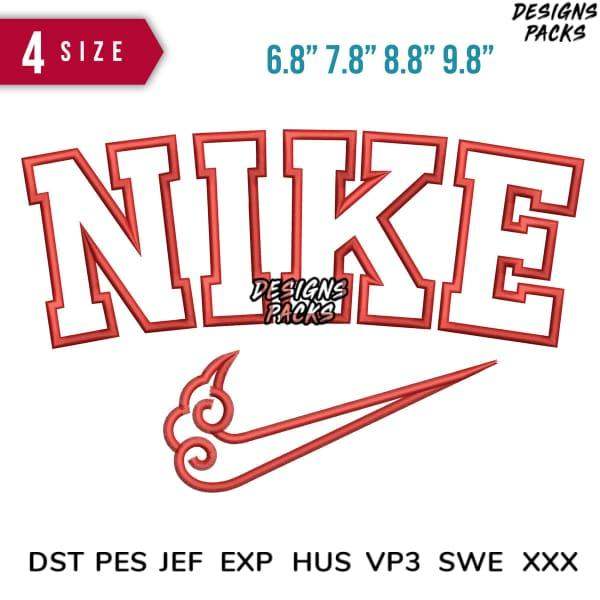 Red Nike-style embroidery design with swoosh, available in 4 sizes and multiple formats like PES, DST, EXP