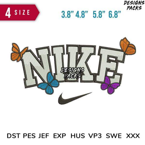 Embroidery design featuring Nike logo with colorful butterflies, available in multiple sizes and formats