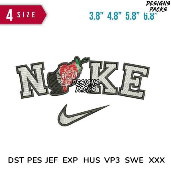 Embroidery design with 'NOKE' text, apple graphic, and swoosh logo in 4 sizes, compatible with DST PES JEF formats