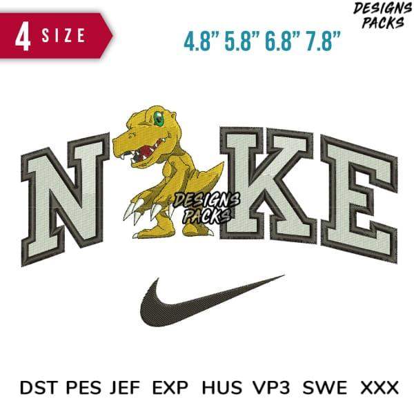 Dinosaur embroidery design with 'NIKE' text and swoosh, available in 4 sizes and multiple file formats.