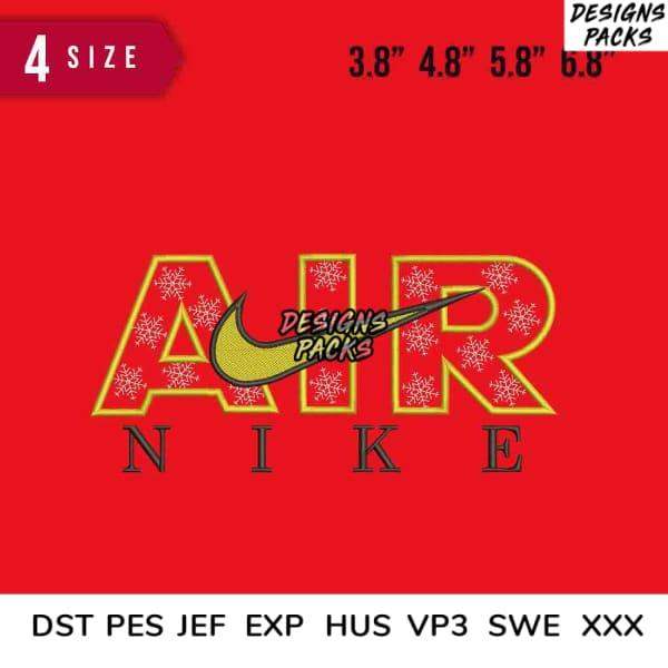 Embroidery design with AIR NIKE text and snowflake patterns, available in multiple sizes and formats.