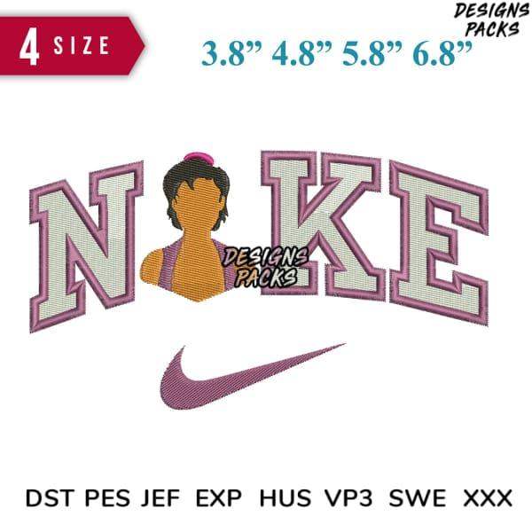 Embroidery design with 'NOKE' text, character, and swoosh in 4 sizes, compatible with DST PES JEF formats