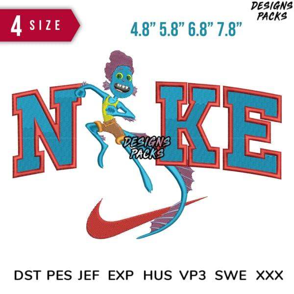 Embroidery design of blue troll dancing over 'NIKE' text with swoosh, available in PES, DST, EXP formats