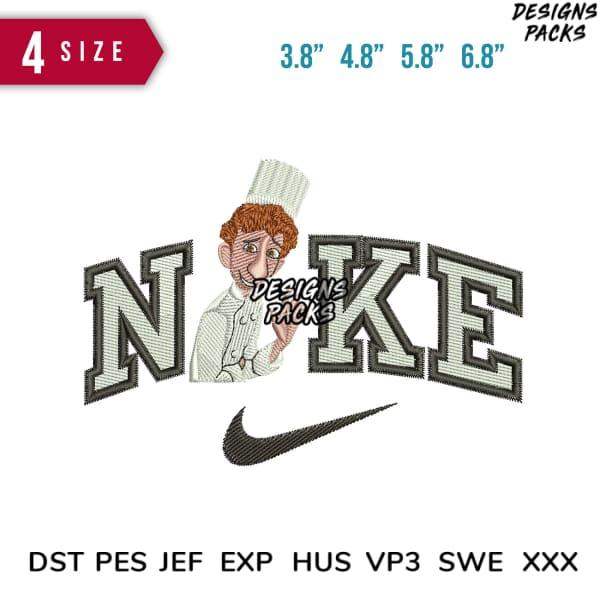 Embroidery design of chef in Nike-style logo, available in PES, DST, EXP formats, 4 sizes