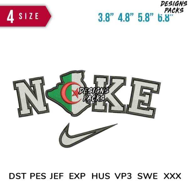 Embroidery design featuring Algeria flag in 'NOKE' text with Nike swoosh, available in multiple sizes and formats