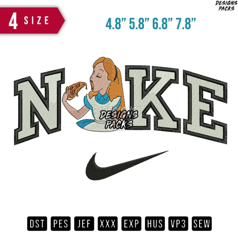 Swoosh Alice Eating Pizza Embroidery Design