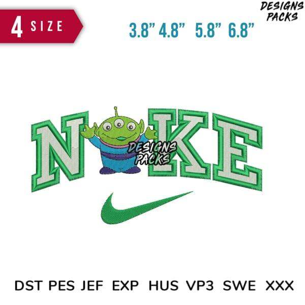 Embroidery design featuring green alien in 'NOKE' lettering with Nike swoosh, available in multiple sizes and formats