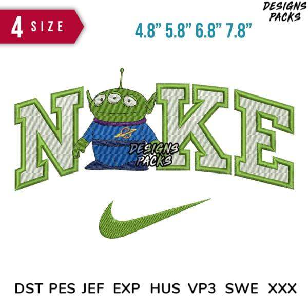 Alien character in Nike-style embroidery design, 4 sizes, PES DST formats, print-ready for apparel