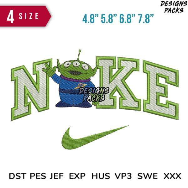 Alien character in Nike-style embroidery design, 4 sizes, DST PES JEF formats, print-ready for apparel