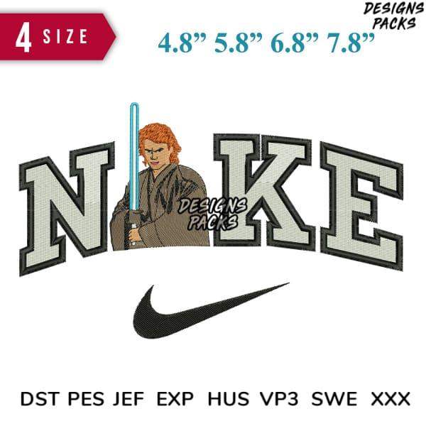 Embroidery design featuring Star Wars character with lightsaber and Nike logo, available in multiple sizes and formats