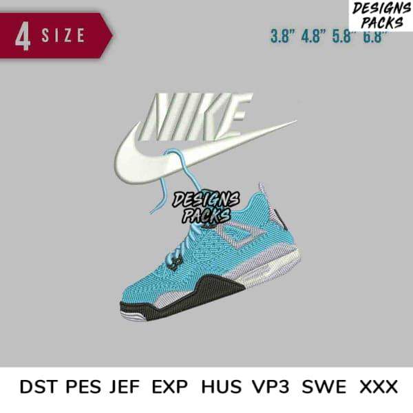 Embroidery design of blue Nike sneaker with swoosh, available in PES, DST, EXP formats for instant download