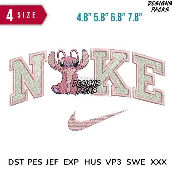 Stitch character in Nike-style embroidery design with 4 sizes and multiple file formats