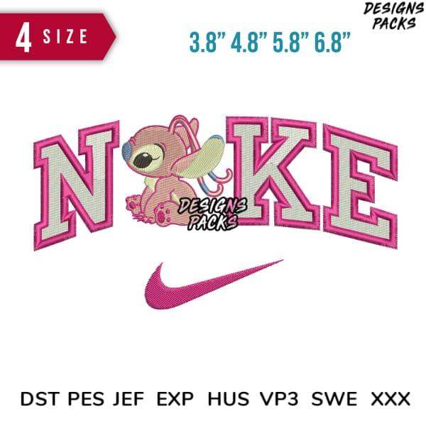Stitchy character with pink Nike-style lettering, embroidery design in 4 sizes, DST PES formats