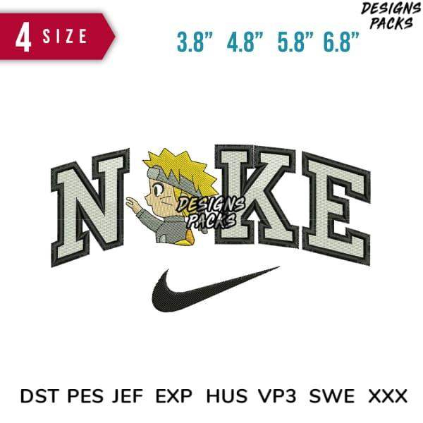 Embroidery design featuring cartoon character with 'NAKE' text and Nike swoosh, available in multiple sizes and formats