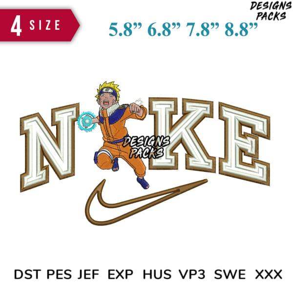Naruto anime character in orange jumpsuit with Nike swoosh logo, embroidery design in 4 sizes, DST PES formats