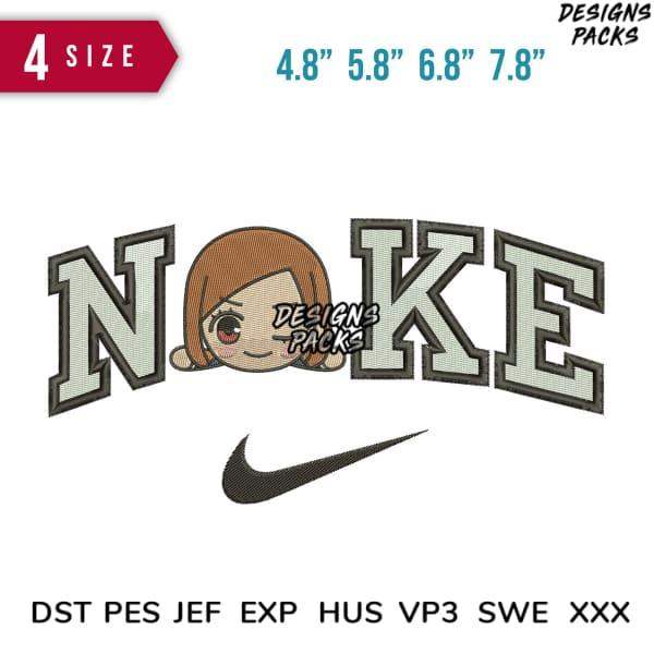 Embroidery design with 'NOKE' text, cute character, and Nike swoosh in 4 sizes for instant download