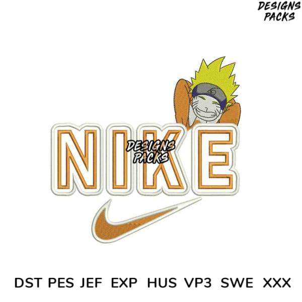 Naruto anime character embroidery design with Nike-style logo, available in DST PES JEF formats for instant download