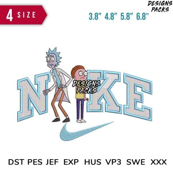 Rick and Morty embroidery design with Nike-style lettering, available in PES, DST, and other formats for instant download.