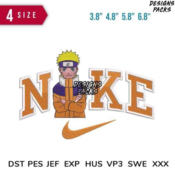 Naruto anime embroidery design with Nike-style logo, available in 4 sizes and multiple file formats