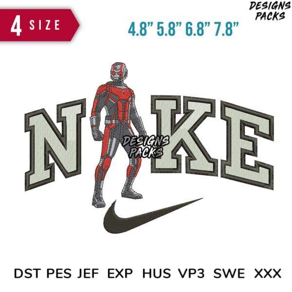 Ant-Man embroidery design with Nike logo, available in 4 sizes and multiple formats for instant download.