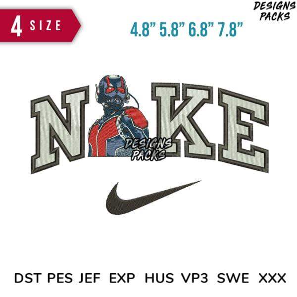 Ant-Man in Nike logo embroidery design, 4 sizes, DST PES JEF formats, print-ready for apparel