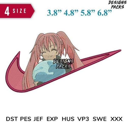 Anime girl holding globe inside Nike swoosh, embroidery design in DST PES formats