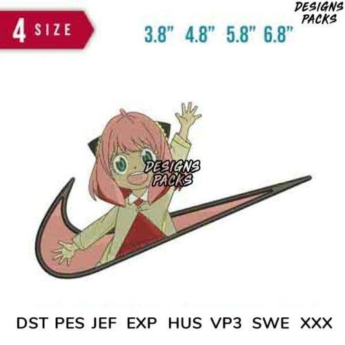 Anime girl in Nike swoosh, embroidery designs for DTF/DTG, 4 sizes, PES/DST formats