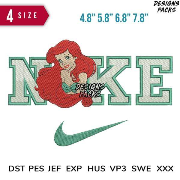 Ariel Disney embroidery design with Nike logo, 4 sizes, PES DST JEF formats for machine embroidery