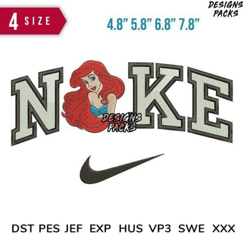 Ariel-inspired embroidery design with 'NOKE' lettering, Nike swoosh, 4 sizes, DST PES formats for instant download