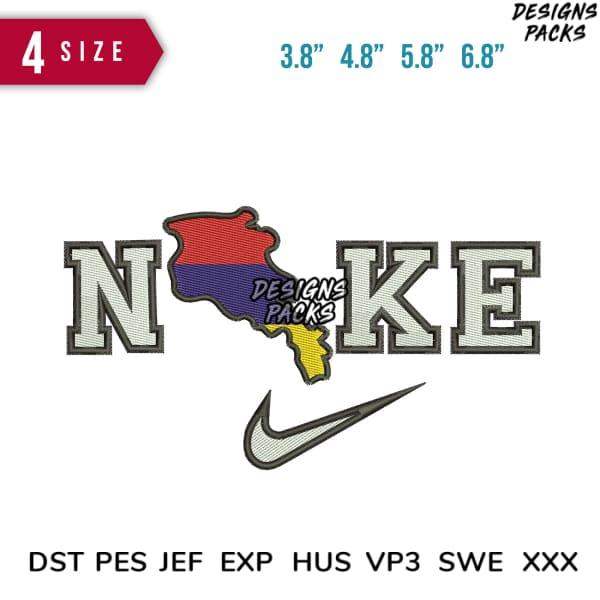 Embroidery design with Nike-style text and Armenian flag map, available in PES, DST, EXP formats
