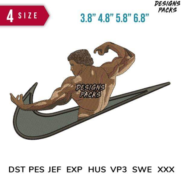 Muscular man flexing inside Nike swoosh, embroidery design in DST PES JEF formats, 4 sizes available