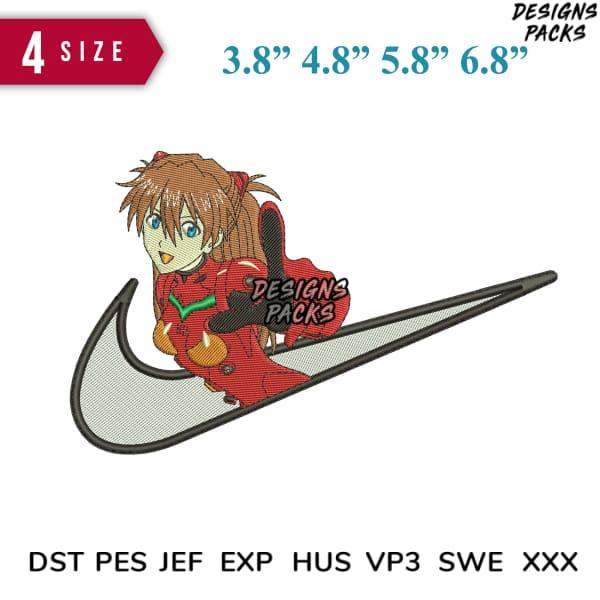 Anime girl in red suit inside Nike swoosh, embroidery design in 4 sizes, PES DST formats