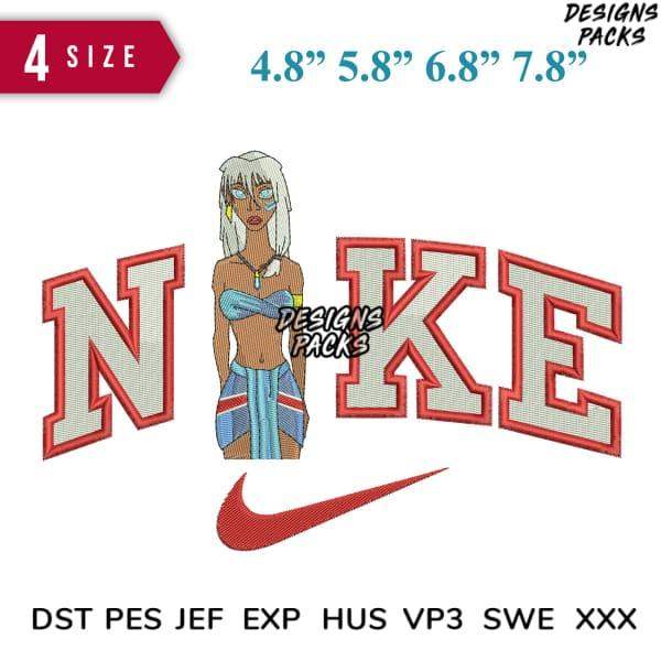 Embroidery design featuring bold 'NIKE' text, a stylish figure, and a swoosh logo in multiple sizes and formats.